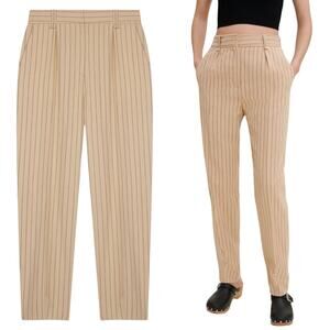 NWT MAJE Fitted High Waisted Linen Blend Striped Trousers XL Beige Black